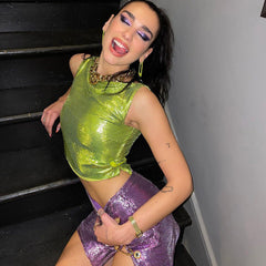 Sleeveless Short Cropped Top Split Exposed Legs Decorative Pin Skirt Outfit