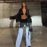 Jean à coutures taille haute, coupe droite, jambes larges, pantalon chic à personnalité avancée
