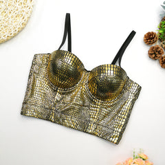 Flash Snake Pattern Bronzing Tube Top Female Wild Slim Fit Small Sling Nightclub Disco Top Boning Corset Boning Corset