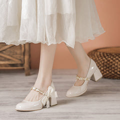 Women's Bow High Chunky Pumps Shallow Mouth Patent