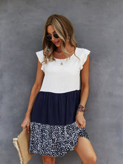 Three Color Stitching Dress Contrast Color Leopard Print Flying Short Sleeve A Line Dress