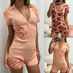 Knitted Jumpsuit Floral Print Deep V Plunge Single Breasted Collared Shorts