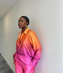 Gradient Color Printed Shirt Long Sleeve Trousers Suit