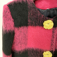 Stern Unregelmäßig Asymmetrisch Daikin Knopf Rundhals Plaid Woll Kurzmantel Jacke