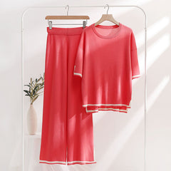 Classic Ice Silk Knitting Suit Two Piece Set Short Sleeve Stitching Casual Slimmingable