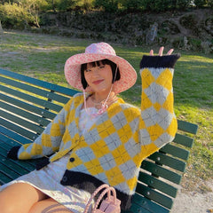 Cardigan court en peluche à motif de losanges rétro de haute qualité