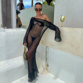 Robe longue de plage en laine style bohème, transparente, dos nu, coupe ajustée, confortable