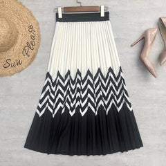 Black White Contrast Skirt Wave Print Pleated Skirt High Waist Drooping Pleated A- line Skirt
