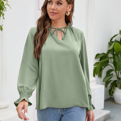 Long Sleeved Top Fall V neck Casual Loose Chiffon Blouses