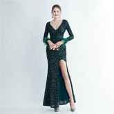 Ostrich Feather Cuff Side Slit Long Sleeve Sequined Fishtail Evening Dress