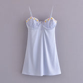Baby Blue Floral Embroidered Draped Satin Backless Spaghetti Straps Dress Mini