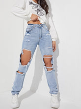 Gerade Jeanshose mit hoher Taille und großen Rissen