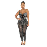 Wear Solid Color Mesh Rhinestone Sleeveless Trousers Jumpsuit