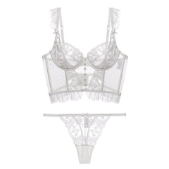 Französische Unterwäsche Push-up Beauty Back Polka Dot Transparentes Garn Bestickter Spitzen-BH Strumpfband T-förmiges Höschen-Set