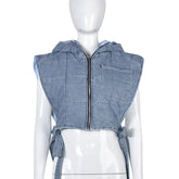 Denim Quilted Washed Hooded Sleeveless Workwear Short Vest