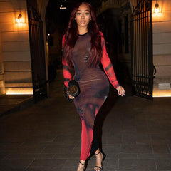 Collection Street Contrast Color Fit Long Sleeve Narrow Close Fitting Maxi Dress