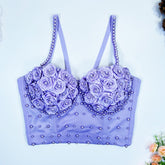 Camisole à fleurs roses et perles, corset court et slim, soutien-gorge français Fresh Sweet Girl
