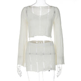 Casual Hollow Out Cutout round Neck Top Slim Skirt Set