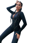 Sports Leather Ribbon Split Line Long Sleeve Zipper Skinny Hip Raise Jumpsuit