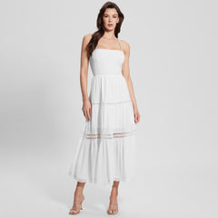 Robe longue à lacets et dos nu, robe blanche à bretelles en dentelle ajourée et découpée