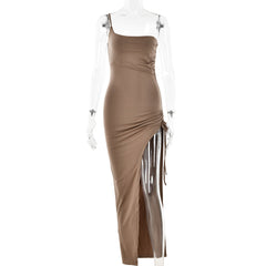 Single Shoulder Cami Dress Tight Ruched High Split Maxi Dress