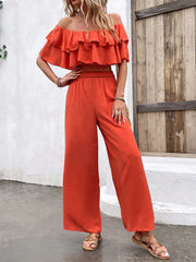 Ruffles off Shoulder Top High Waist Casual Straight Leg Long