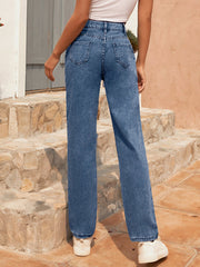 Pantalon en denim délavé rétro facile à assortir, taille haute