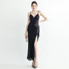 Heavy Industry Craft Beaded Plaid Sequin Side Slit Suspenders Dress