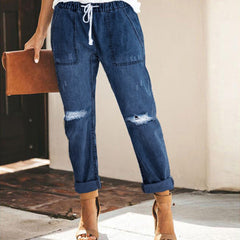 Wish Kordelzug Elastische Taille Zerrissene Jeanshose Freizeithose