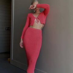 Sweet Casual Hollow Out Cutout Out Short Lace Up Cropped Knitted Cardigan Coat Skirt Knitting Suit