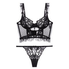 Französische Unterwäsche Push-up Beauty Back Polka Dot Transparentes Garn Bestickter Spitzen-BH Strumpfband T-förmiges Höschen-Set