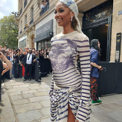 Ensemble deux pièces imprimé patchwork rayé personnalisé, col rond, manches longues, pull basique, taille haute, jupe plissée fendue