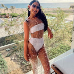 See through Light Diamond Bubble Beach Dress Mesh Sleeveless Dress