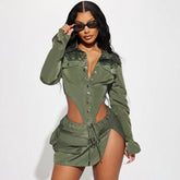 Chemise tissée à col boutonné, taille haute, manches longues, combinaison, jupe à poches, vêtements de travail, ensembles deux pièces