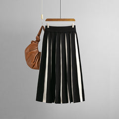 Retro Knitted Skirt High Waist Slimming Youthful Looking Black White Stitching Mid Length Pleated Skirt