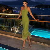 One-Shoulder Neckholder Pelz Swing Kleid Büro Slim Fit Maxikleid