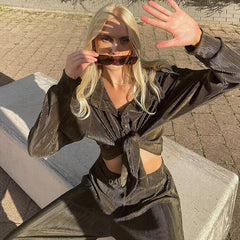 Pleated Casual Shirt Outfit Long-Sleeved Trousers High Waist Loose Drooping