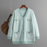 Pullover Lockerer V-Ausschnitt Hahnentritt Langarm Strickjacke Mantel Kontrastfarbe