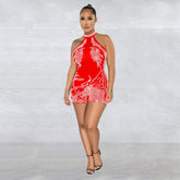 Combinaison short sans manches en maille transparente avec strass