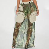Mesh Camouflage Rock Street Pocket Stitching Elastischer Kordelzug Werkzeugkleid