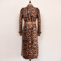 Snakeskin Leopard Print Long Trench Coat Goddess Long Sleeve Leather Jacket Overcoat
