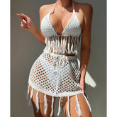 Gestrickter Bikinirock mit Schnürung und Quaste, Outfit, Bikini, Strandüberzug