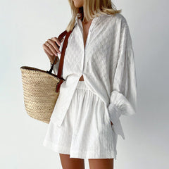 French White Jacquard Cotton Puff Sleeve Casual Shorts Suit Homewear Cool Pajamas