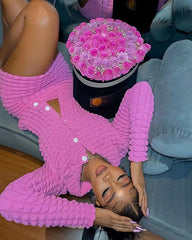 Bubble Pleated V neck Button Mini Skirt Two Piece Set