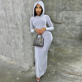 Einfarbiges, enges Kleid mit Kapuze, Prominenten-Kleid, langes, einstufiges Hüftkleid, Langarmpullover