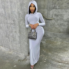 Hooded Solid Color Tight Dress Socialite Long One Step Hip Dress Long Sleeve Pullover