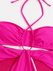 Mesh Stitching Rose Red Hollow Out Cutout Siamese Bikini