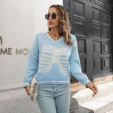 Pull col V jacquard tête de mort Pull ample à manches longues en tricot