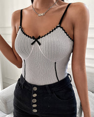 Bow Lace Stripes Solid Color Sling Slim Top