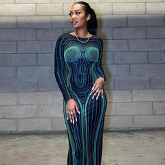 Printing Backless Slim Fit Round Neck Long Sleeved Dress